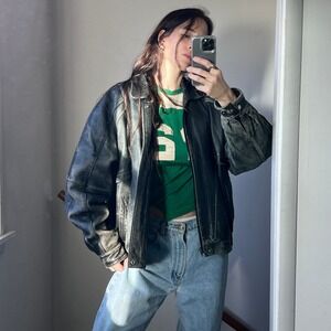 Vintage‎ Leather Bomber Jacket Oversized Faded Black Distressed Worn Patina Coat